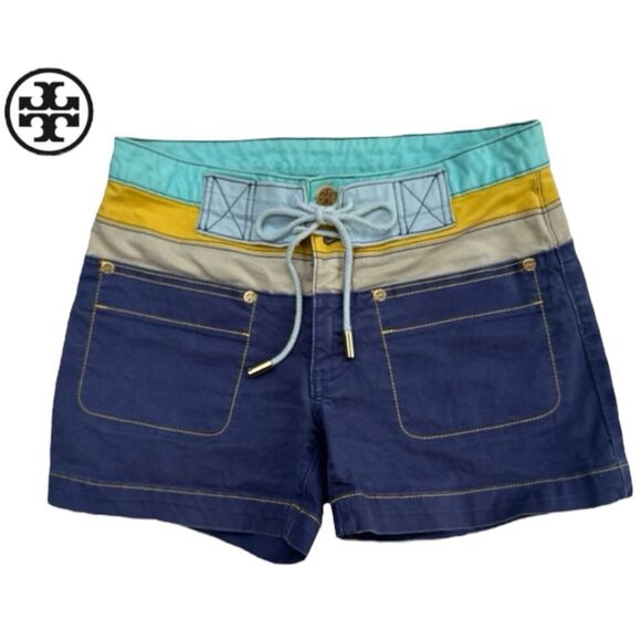 Tory Burch Sport Shorts - Blue Tan Yellow Aqua,Zip/Button Closure Size 24